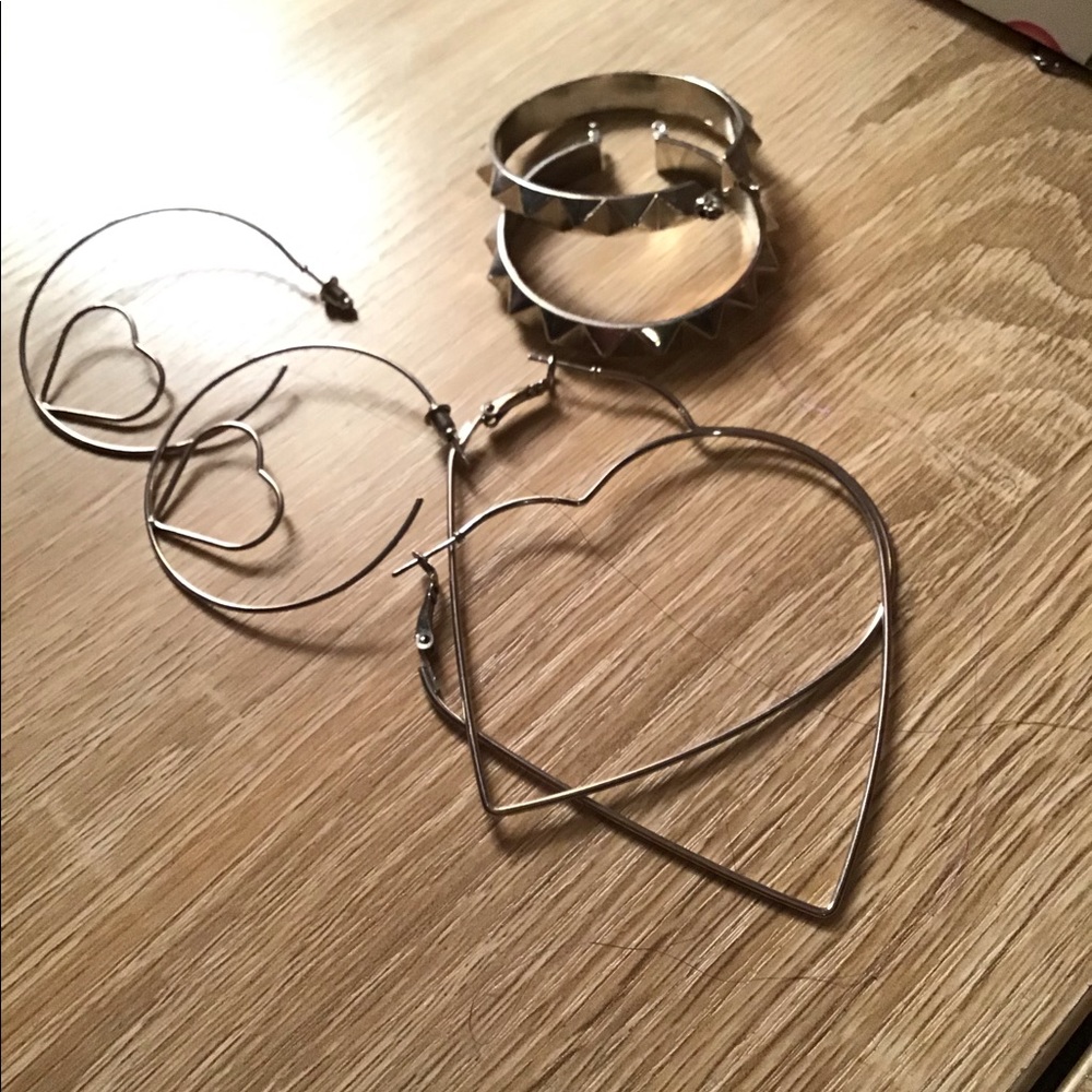 3 pairs of hoop earrings, hearts and studs